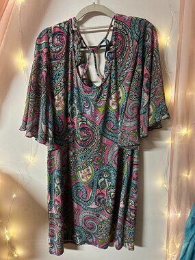 ⭐️Ivy Lane Paisley Flutter Sleeve Dress Women's XL Pink Teal Keyhole Back